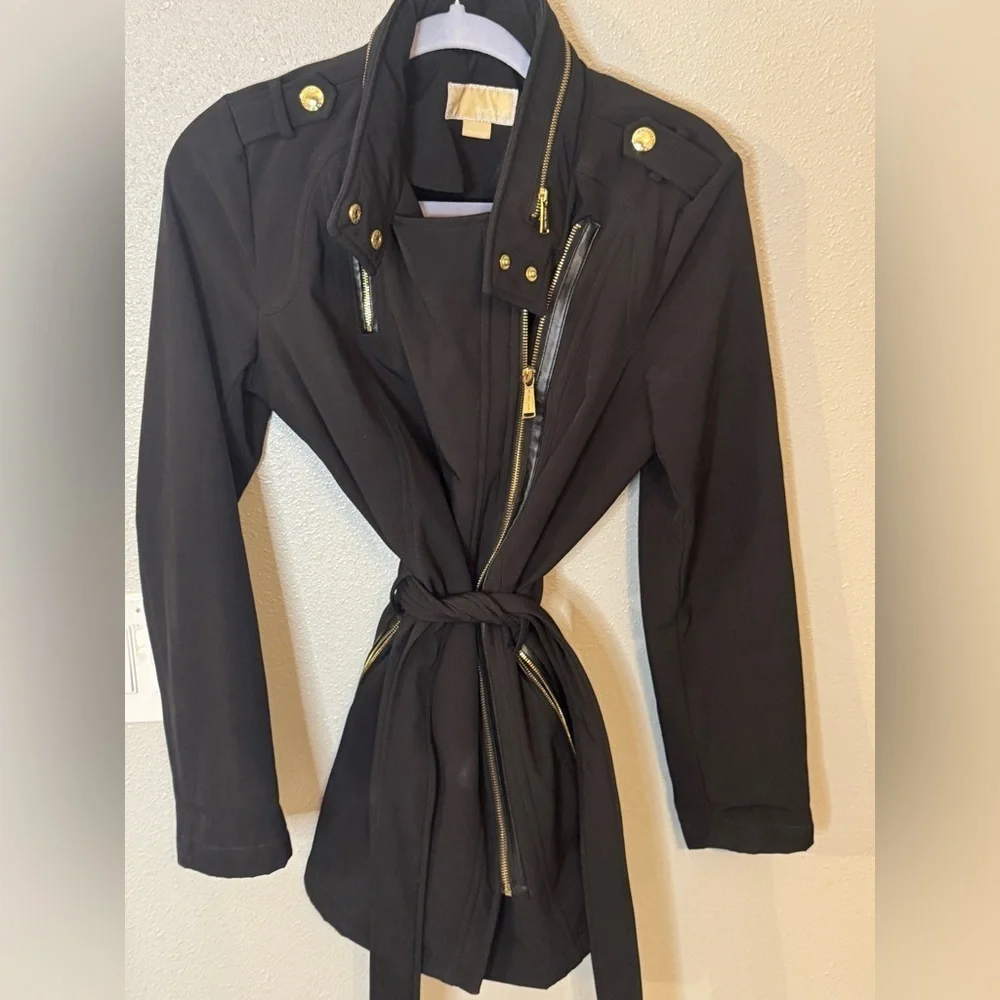 Michael Kors Black Belted Trench Coat Asymmetrical Zip Gold Hardware Small
